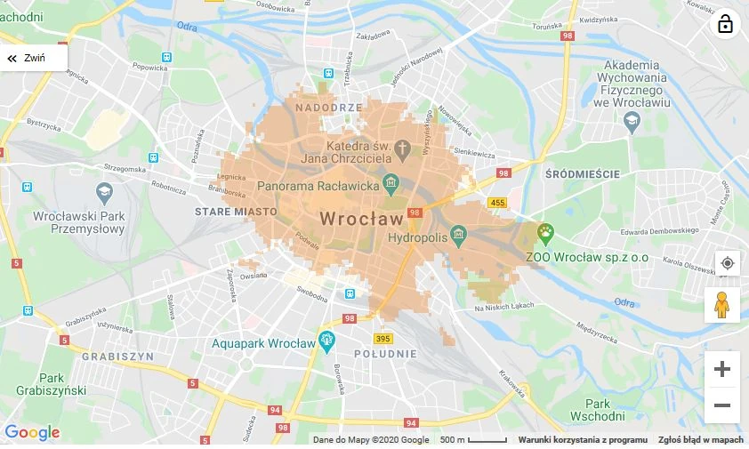 Mapa zasięgu 5G w Orange - Wrocław