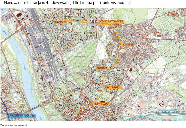 Planowana lokalizacja rozbudowywanej II linii metra po stronie wschodniej