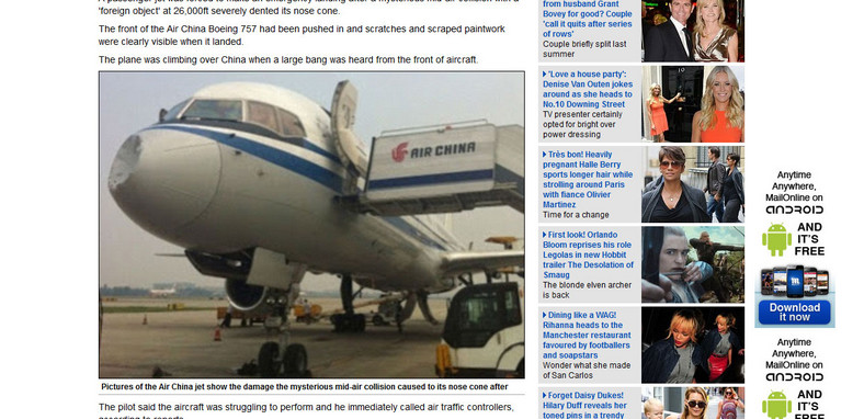 Uszkodzenie samolotu Air China - screen z Daily Mail