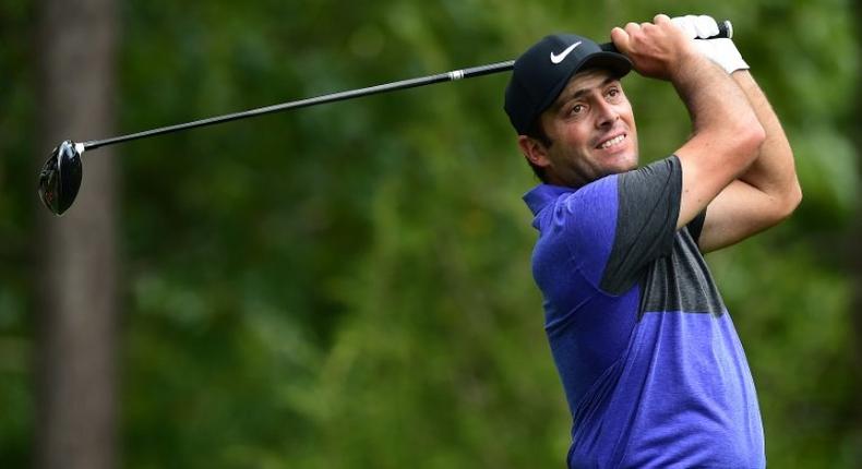 Francesco Molinari of Italy plays his shot from the eighth tee during round one of the Wells Fargo Championship at Eagle Point Golf Club in Wilmington, North Carolina