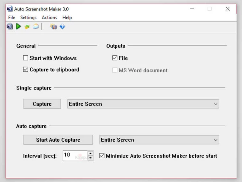 Główne okno programu do wykonywania zrzutów ekranowych - Auto Screenshot Maker