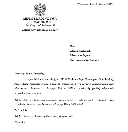 Odpowiedź na interpelację poselską Adama Andruszkiewicza (zrzut ekranu ze strony internetowej Sejmu - www.sejm.gov.pl)