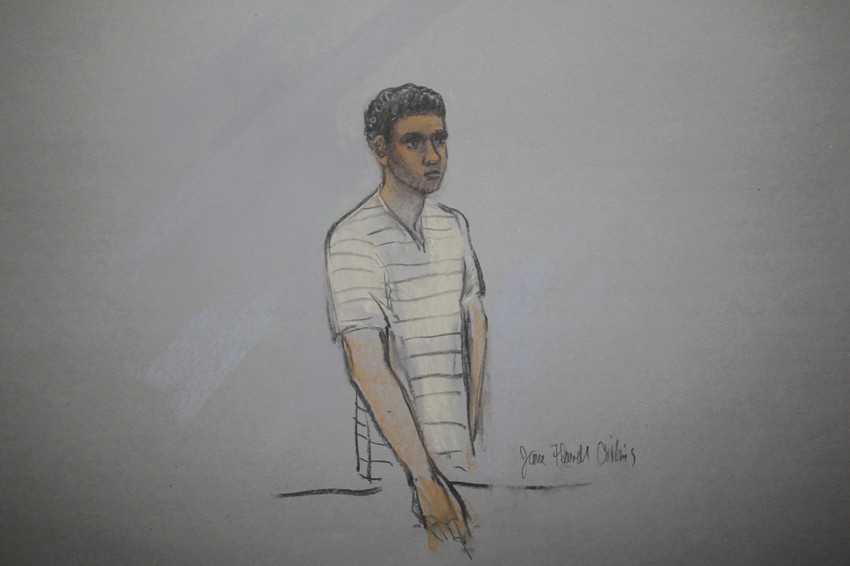 Robel Filipos, crtež sa suđenja,. Ukolko bud eosuđšen, rpeti mu maksimalna kazna zatovra 0d 8 godina, zbog "svesnog i namernog ometanja istrage"