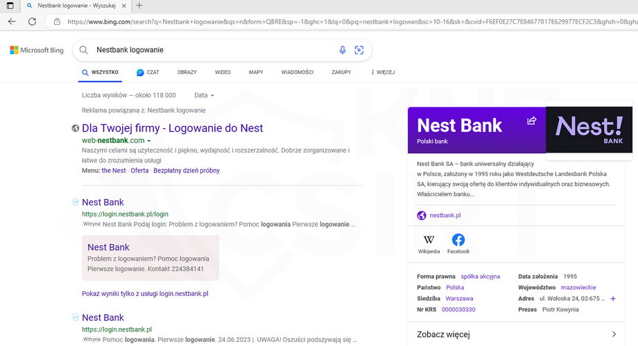 Reklamy w przeglądarce Bing dystrybuujące strony phishingowe.