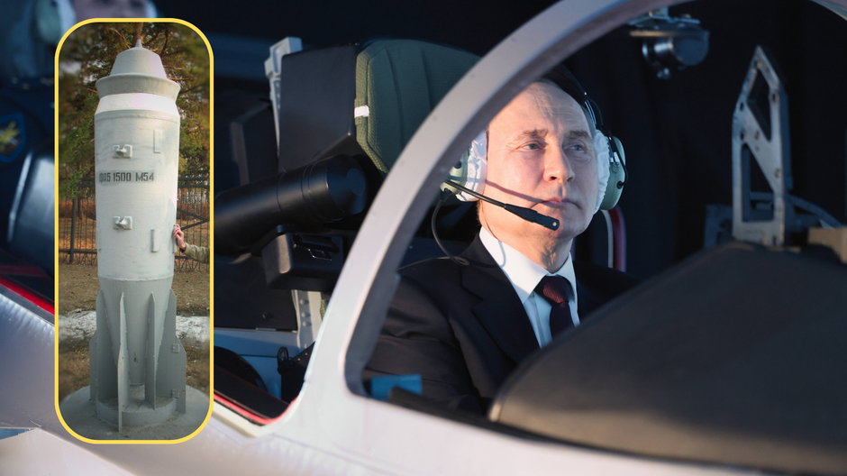 Bomba FAB-1500. W tle Władimir Putin w szkole pilotów w Krasnodarze. 7 marca 2024 r.