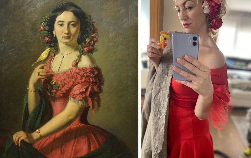 Novak Radonić, Devojka sa kanarincem, 1858.Zanosna devojka u crvenoj haljini sa kanarincem u ruci delo je poznatog srpskog slikara Novaka Radonića. Mogli bismo reći da ovaj portret nepoznate dame svojom simbolikom – bujnim cvećem u kosi, crvenom haljinom i žutim kanarincem u ruci, predstavlja našeg vesnika proleća. Takođe, iako ptica nije u kavezu, ona vrlo često simboliše različite oblike ograničenog kretanja i slobode.