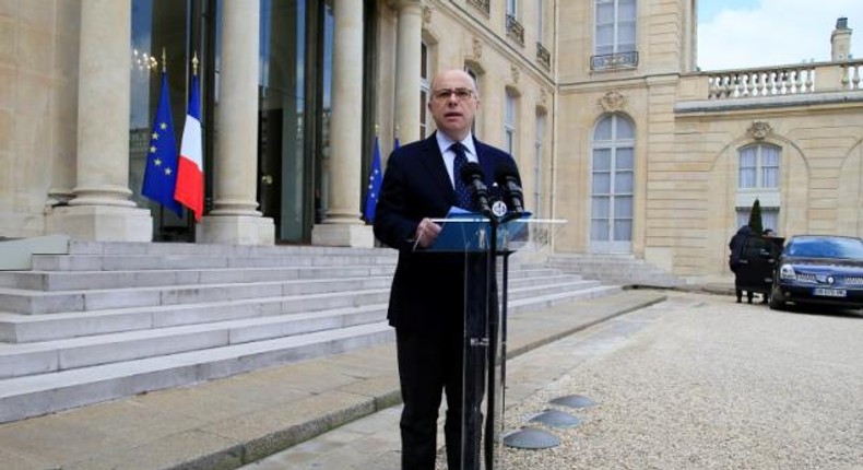 French Interior Minister Bernard Cazeneuve talks to journalists after a meeting about blasts in Brussels at the Elysee Palace in Paris, France, March 22, 2016.