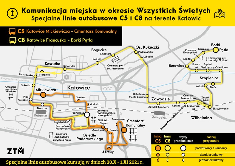 Katowice. Wszystkich Świętych 2021. Autobusy C5 i C8