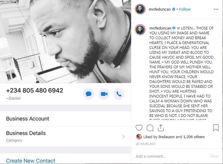 Mofe Duncan has placed a generational curse on all the people who have been using his name to commit internet fraud [Instagram/MofeDuncan] 