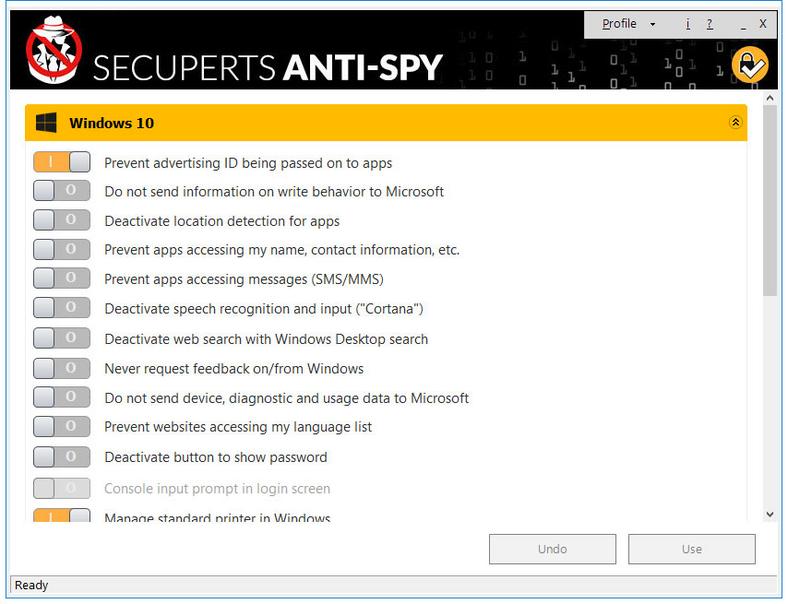Główne okno programu do ochrony prywatności w Windows 10 - SecuPerts Anti-Spy for Windows 10