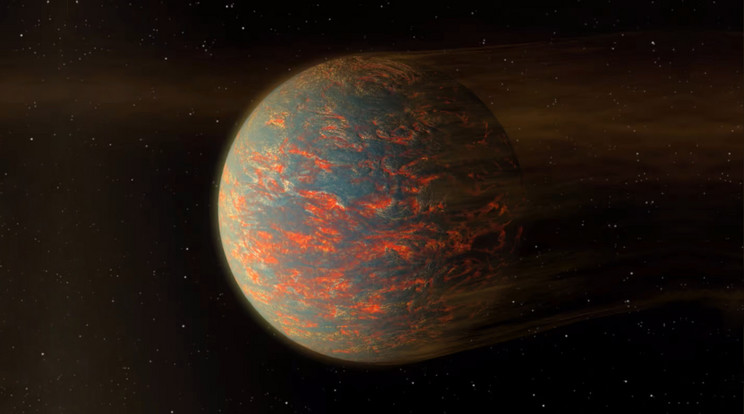 Nem is olyan régen a bolygókutatók azt gondolták, hogy az 55 Cancri e egy lávabolygó, amelynek felszínéről por árad szét, amit a közeli csillag sugárzása elfúj a hőben fürdő testről. Mára finomodott az elképzelés a pokoli bolygó légköréről. / Fotó: NASA/JPL-Caltech