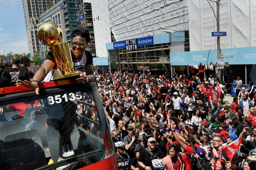 Toronto Raptors celebrate during their victory parade in Toronto