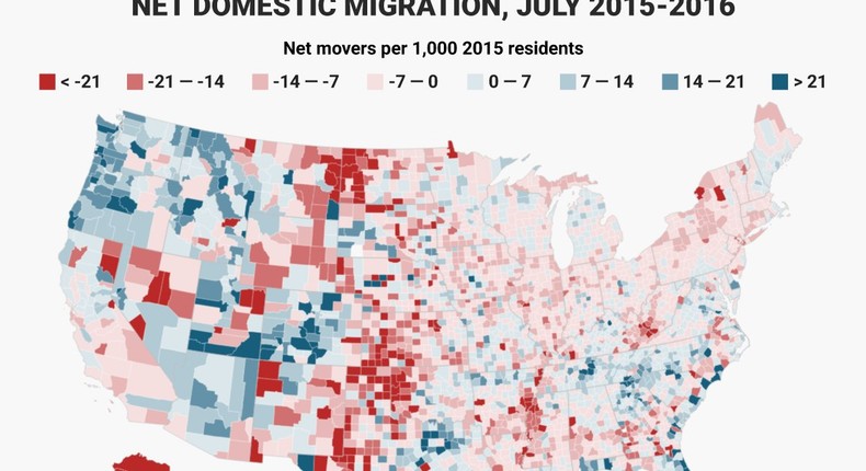 Americans move around a lot. This map shows what counties Americans moved to and from between 2015 and 2016. Red counties had more people moving out than in, and blue counties saw more people moving in than out.