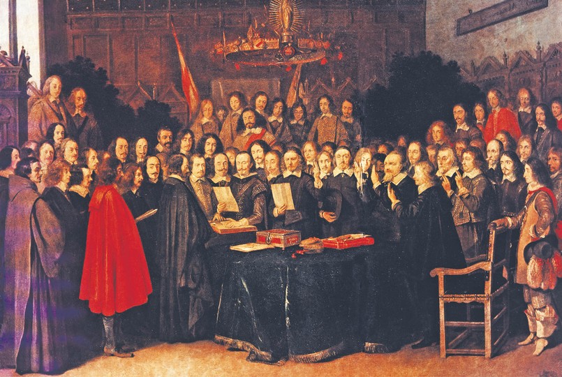 „Traktat pokojowy w Münster (Traktat Westfalski)”. Obraz Gerarda ter Borcha z 1648 r.
