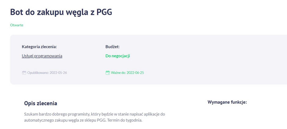 Ogłoszenie znalezione w sieci. Osoba, która je zamieściła, szuka informatyka, który napisze bota, który pomoże kupować węgiel na stronie PGG