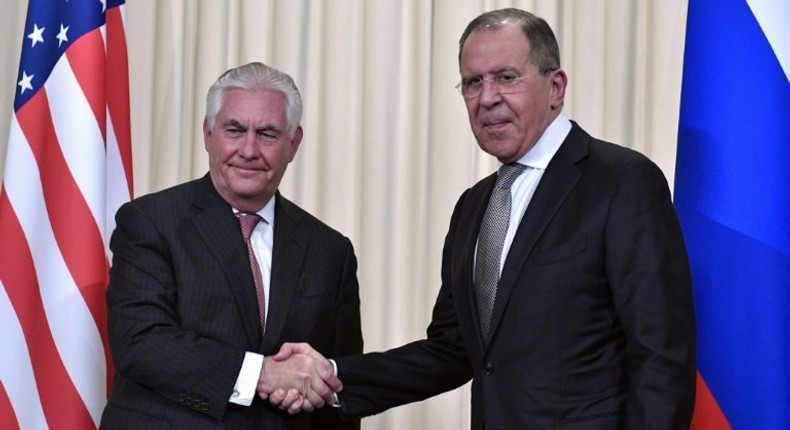 Russian Foreign Minister Sergei Lavrov (R) shakes hands with US Secretary of State Rex Tillerson after a press conference in Moscow on April 12, 2017