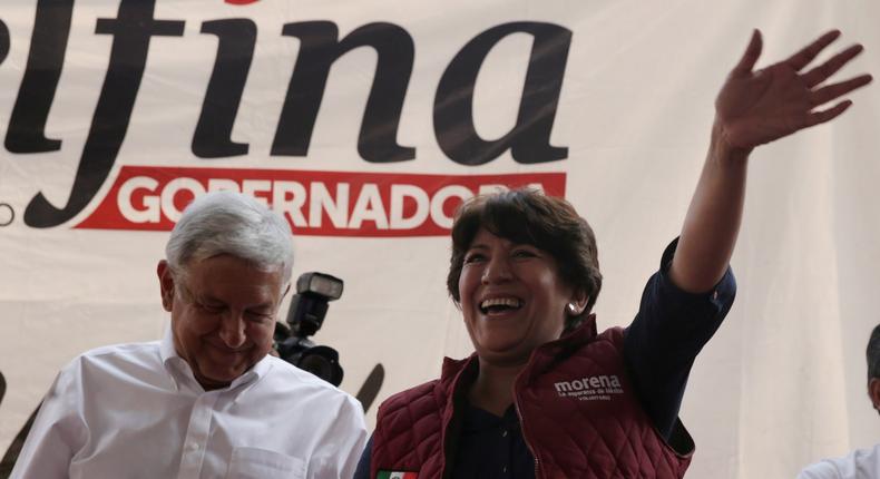 Delfina Gomez of the National Regeneration Movement (Morena), next to party leader Andres Manuel Lopez Obrador, May 16, 2017.