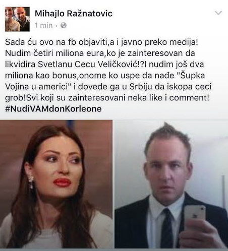 Status na Fejsbuku koji je postavio Mihajlo Ražnatović
