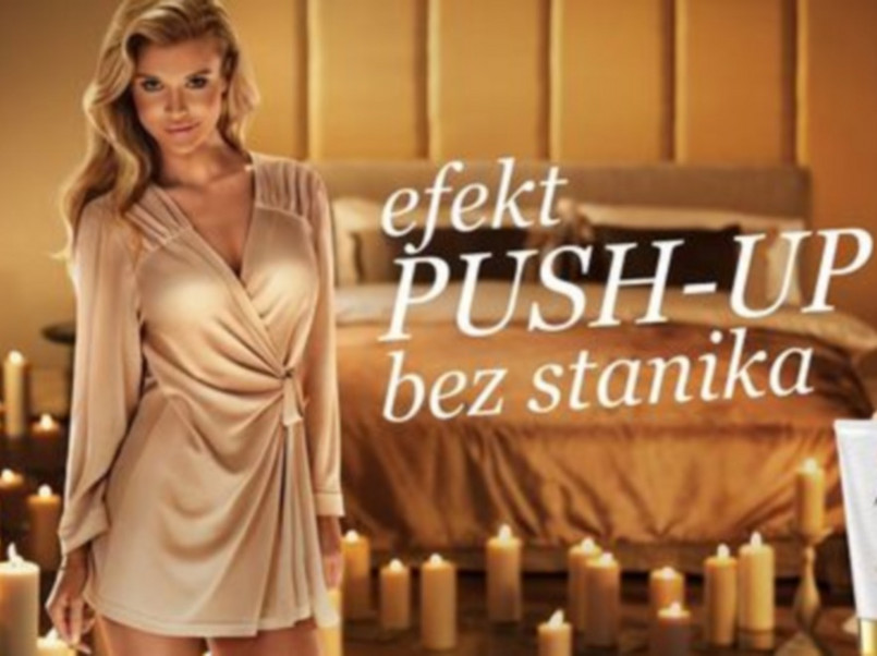 Joanna Krupa na plakatach reklamowych preparatu Esotiq Formuła Push Up Breast Mask
