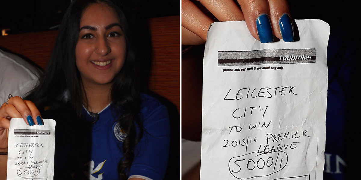 A Leicester City supporter shows off her 5,000-to-1 betting slip.