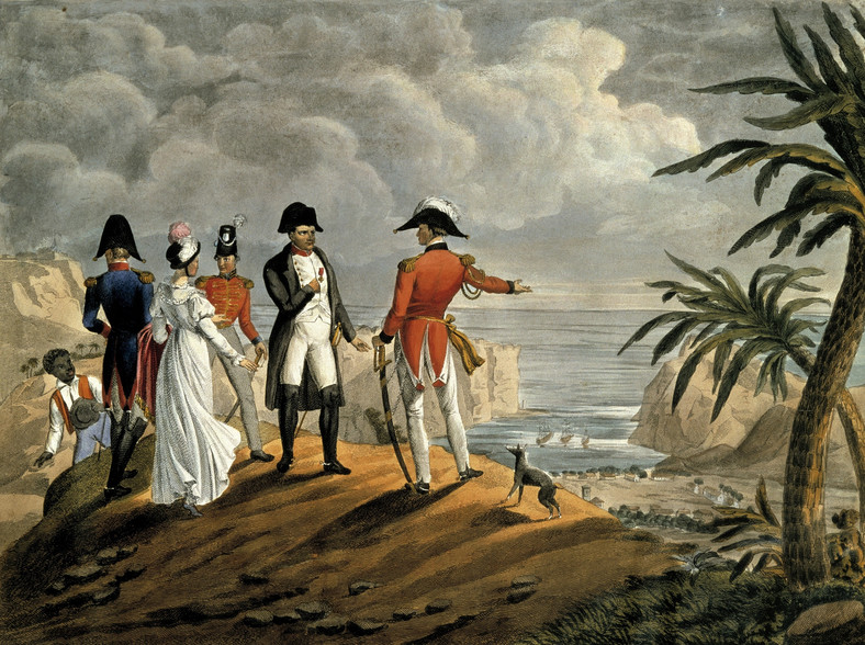 Napoleon na Wyspie Świętej Heleny/ kolorowa akwaforta/ "Walther sc."