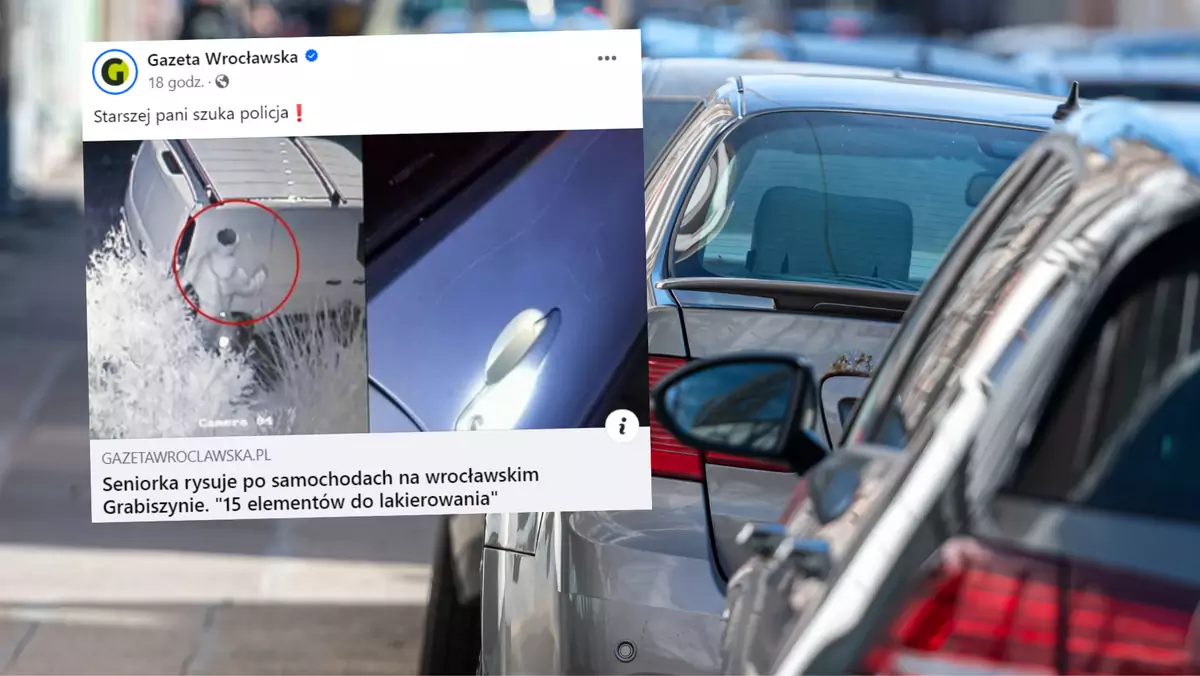 Staruszka zostawia rysy na autach (fot. screen: facebook.com/@gazetawroclawska)