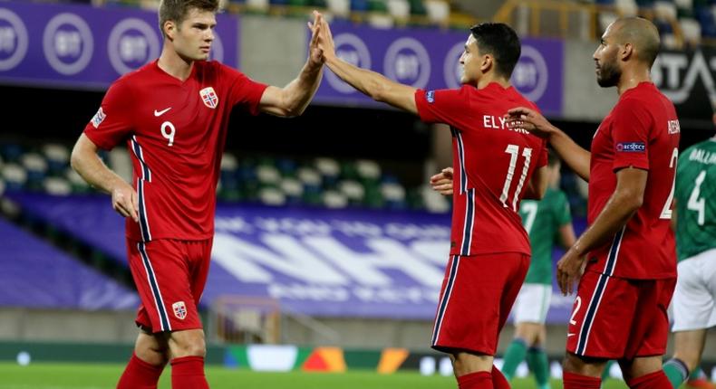 Sorloth (left) celebrates after scoring for Norway against Northern Ireland this month