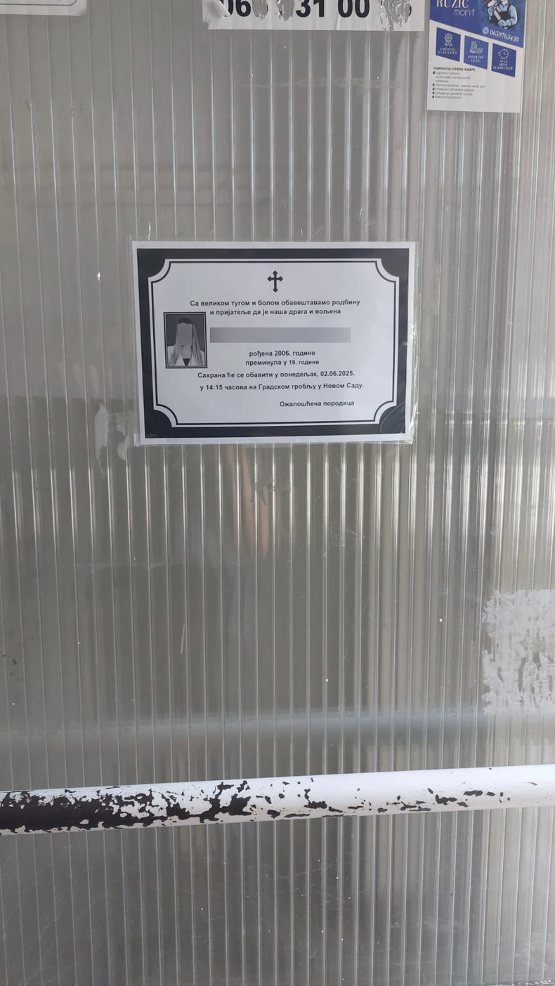 Čitulja za poginulu devojku