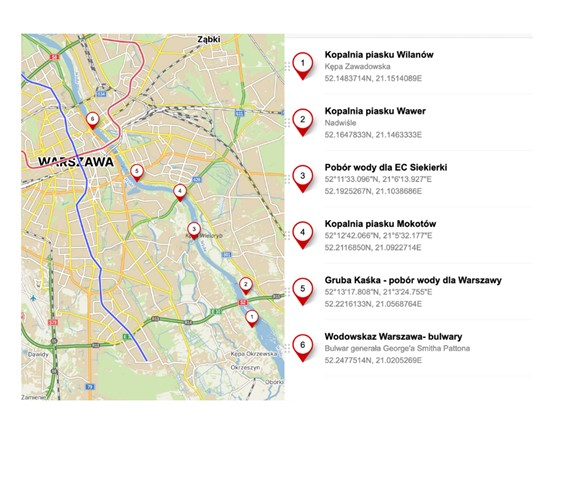 Mapa warszawskiego odcinka z zaznaczanymi kopalniami