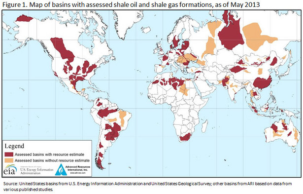Światowe złoża gazu i ropy łupkowej. Źródło: EIA