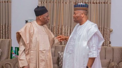 President of the Senate, Godswill Akpabio visits APC National Chairman, Senator Abdullahi Adamu. [Facebook:GodwillObotAkpabio]