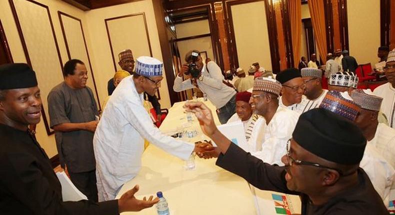 President Muhammadu Buhari meets with some leaders of the All Progressives Congress (APC) at the Presidential Villa in Abuja on Tuesday, March 22, 2016.