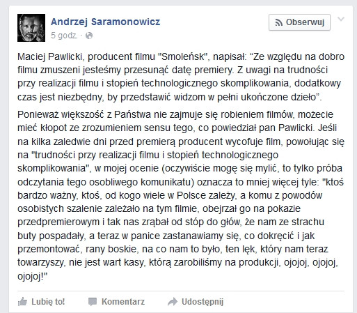 Wpis na Facebooku Andrzeja Saramonowicza