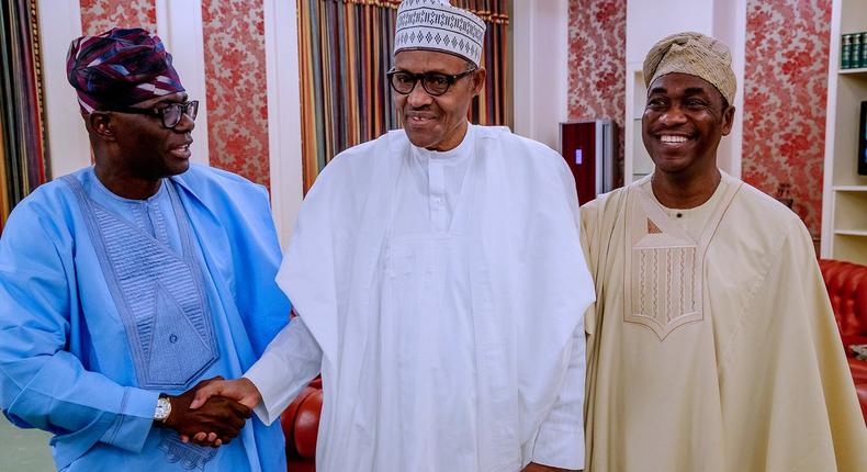 Lagos Gov Babajide Sanwo-Olu (L), President Buhari (M), Lagos Dep Gov Obafemi Hamzat (R) at the villa in 2019 [Twitter/@NGRPresident]