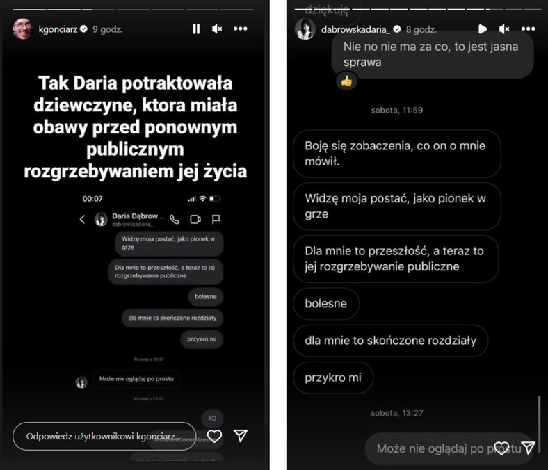 Kadry z relacji na Instagramie Krzysztofa Gonciarza i Dari Dąbrowskiej