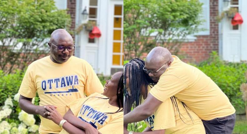 A collage of photos showing Evelyn Anite enjoying a light moment with husband, Allan Kajik