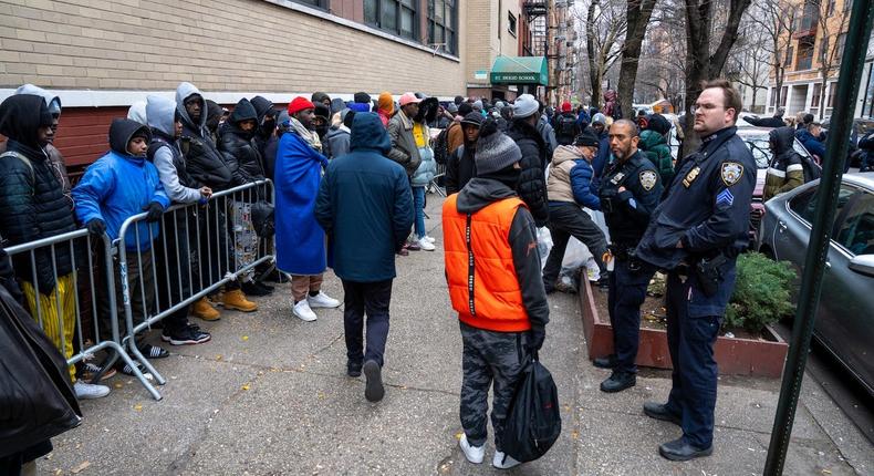 The NYPD 7th Precinct activated a Level 1 for crowd control as a large number of asylum-seekers sought shelter at 185 East 7th Street in Manhattan on Saturday January 6, 2024.Theodore Parisienne/Getty Images