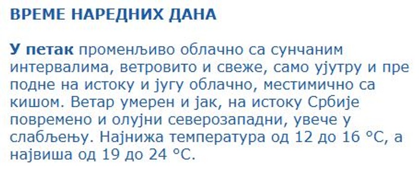 Vremenska prognoza za petak