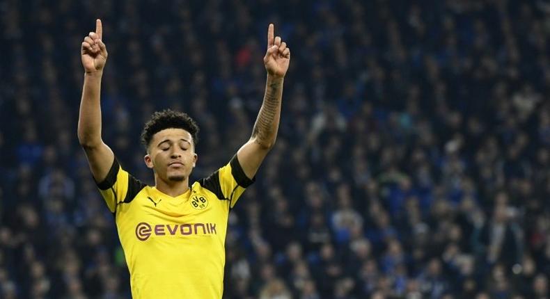 Borussia Dortmund winger Jadon Sancho celebrates after scoring the winning goal in Saturday's 2-1 derby win at rivals Schalke.