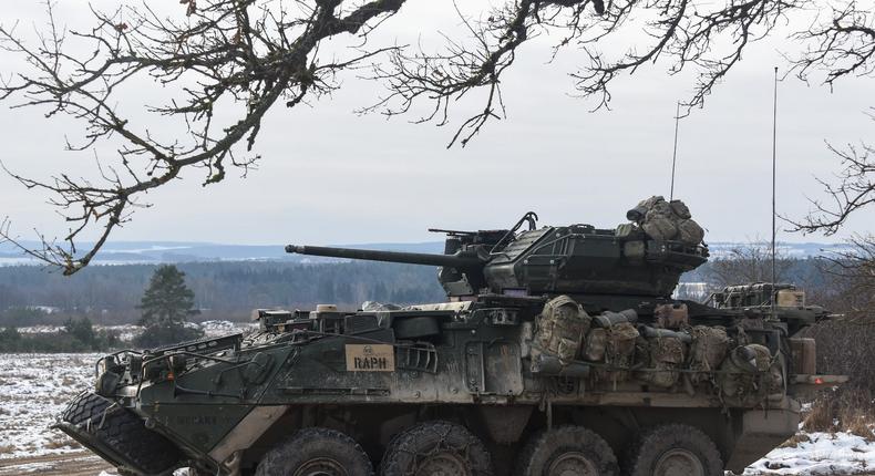 A 30mm Stryker Infantry Carrier Vehicle – Dragoon during a 2022 exercise at the Grafenwoehr Training Area in Germany.Markus Rauchenberger/US Army