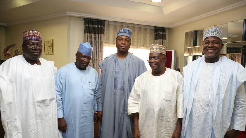 L-R: Senate Majority Leader, Senator Ahmed Lawan; Zamfara State Governor, Abdulaziz Yari; Senate President Bukola Saraki; Senator Danjuma Goje; and Speaker of the House of Representatives, Yakubu Dogara after a meeting (The Senate)