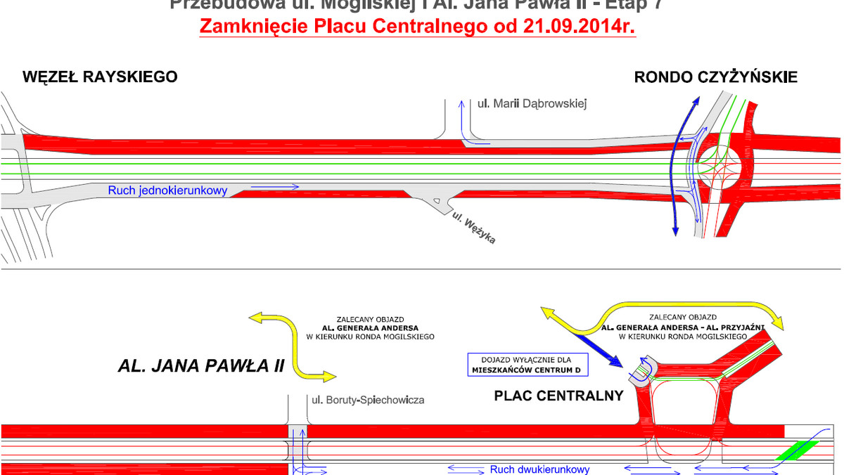 Przebudowa Mogilskiej i Jana Pawła II wchodzi w kolejny etap, który jeszcze bardziej utrudni życie kierowcom. Od najbliższej niedzieli Plac Centralny w Nowej Hucie zostanie prawie w całości zamknięty dla ruchu samochodowego.