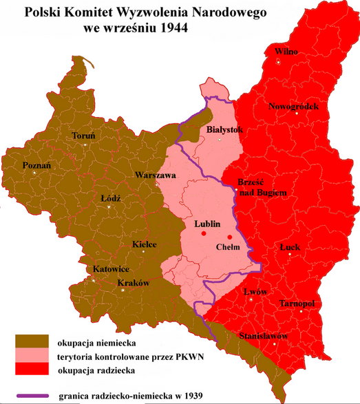 Terytoria kontrolowane przez Polski Komitet Wyzwolenia Narodowego we wrześniu 1944 roku