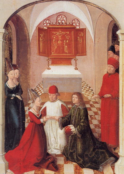 Późnośredniowieczne wyobrażenie ślubu księcia Welfa I Judyty z Flandrii.