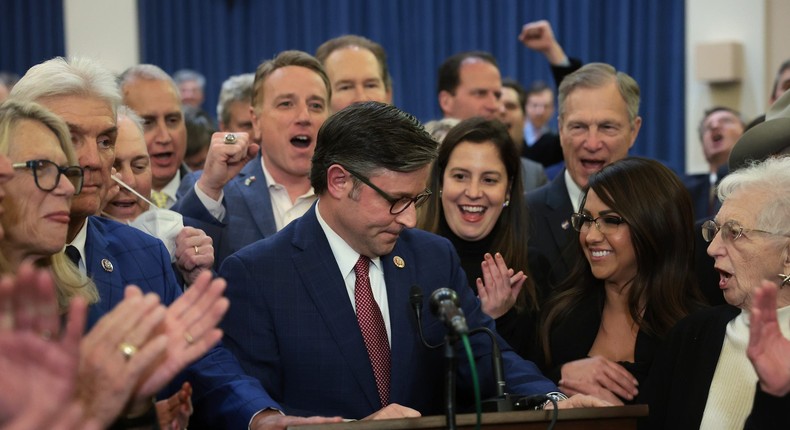 A group of House Republicans, including Rep. Virginia Foxx of North Carolina (far right), surround Rep. Mike Johnson of Louisiana (center).Win McNamee/Getty Images