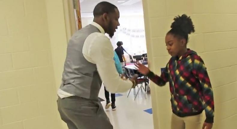 Barry White greeting a student 