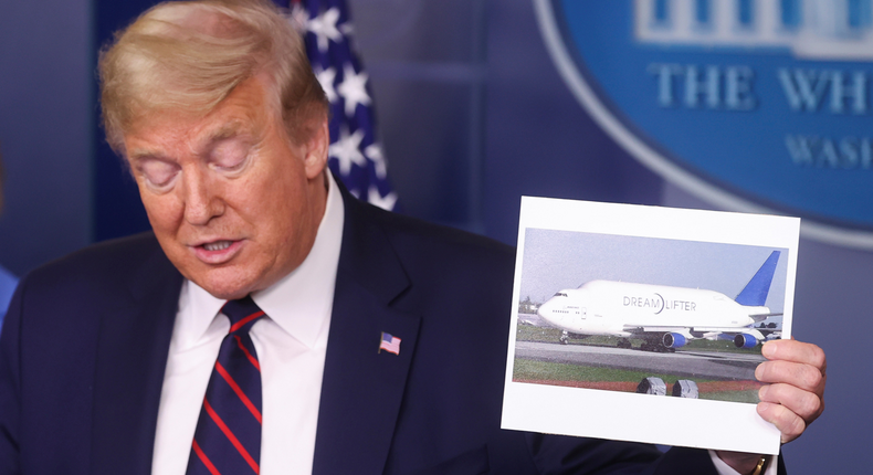 President Trump announced that Boeing would be donating three of its Dreamlifter aircraft in a Friday afternoon press conference, proudly holding up a picture of the oversized bird in his daily briefing with the White House coronavirus task force.