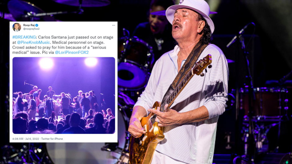 Carlos Santana upadł na scenę podczas koncertu 5 lipca. Po interwencji medyków został zabrany do szpitala (fot. twitter.com/rooprajfox2)