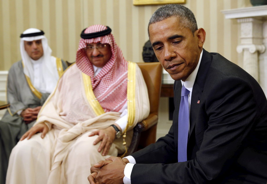 Obama meets with Saudi Crown Prince Mohammed bin Nayef, center, and Saudi Foreign Minister Adel Jubeir in the Oval Office.