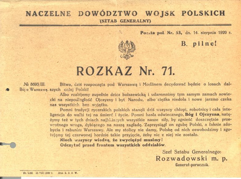 Rozkaz nr 71 gen. Tadeusza Rozwadowskiego z 14 sierpnia 1920 r. odczytany przed frontem wszystkich polskich oddziałów